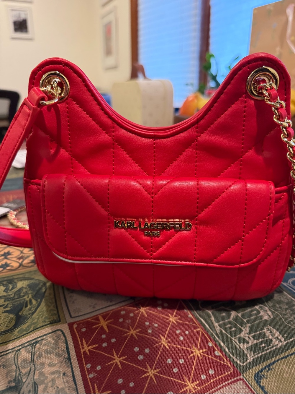 Karl Lagerfeld Quilted Red Crossbody with Gold Chain Accents